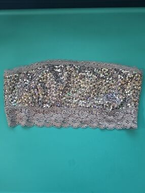 PINK by Victoras Secret Sequin Lace Bandeau Top in Silver/Gray